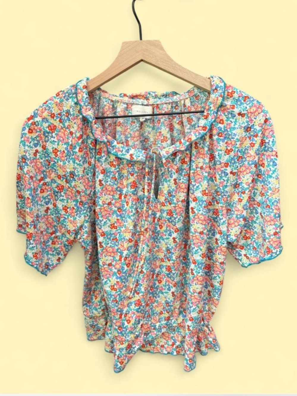MELLODAY Floral Ruffle Tie-Neck Blouse - Coral, Aqua, Yellow